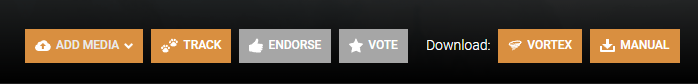A row of buttons. The first four read add media, track, endorse, and vote. To the right there is text that says Download: and next to that are two buttons that say vortex and manual respectively.